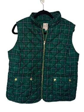 St Johns Bay Women's PL Petite Puffer Vest Green Vixen Plaid Quilted Sleeveless
